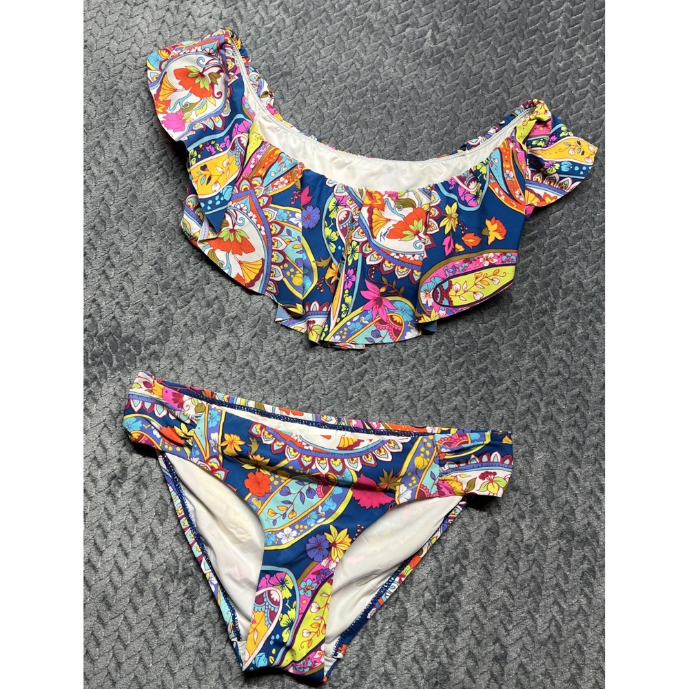 Trina Turk Blue Multicolor Ruffle Off-Shoulder Bikini Set - Picture 2 of 15